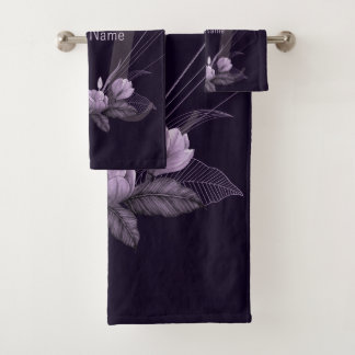 Monogram Name Purple Floral Violet Geometric Frame Bath Towel Set