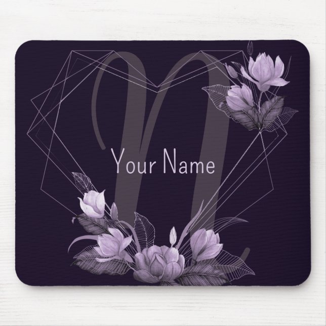 Monogram Name Purple Floral Violet Geometric Frame Mouse Mat (Front)