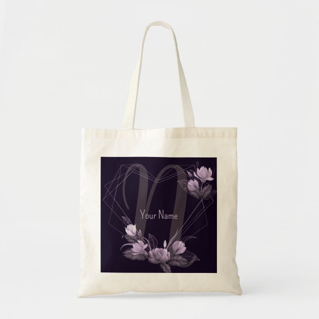 Monogram Name Purple Floral Violet Geometric Frame Tote Bag (Front)