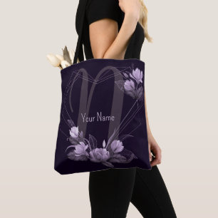 Monogram Name Purple Floral Violet Geometric Frame Tote Bag