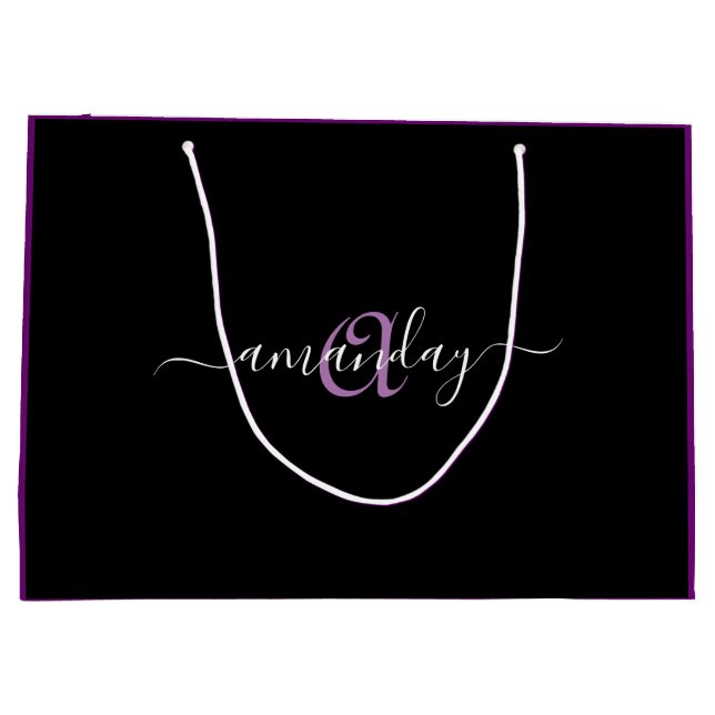 Monogram Name Purple Violet Birthday Holiday Black Large Gift Bag (Back)