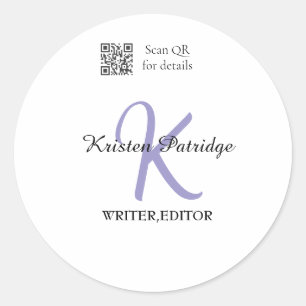 Monogram name purple writer editper QR code busine Classic Round Sticker
