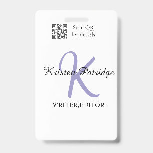 Monogram name purple writer editper QR code busine ID Badge