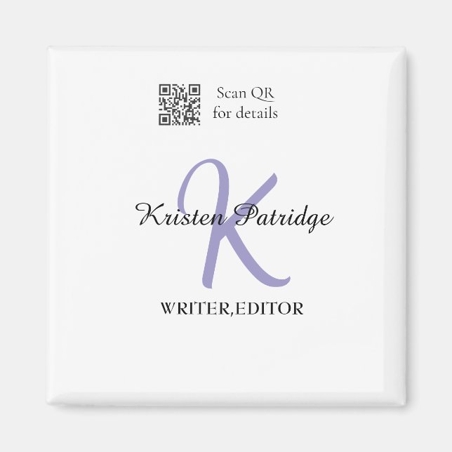 Monogram name purple writer editper QR code busine Magnet (Front)