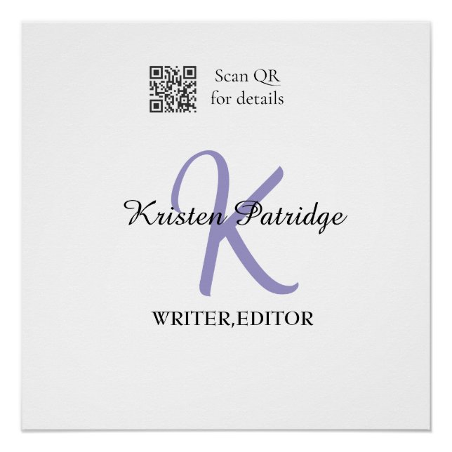 Monogram name purple writer editper QR code busine Poster (Front)