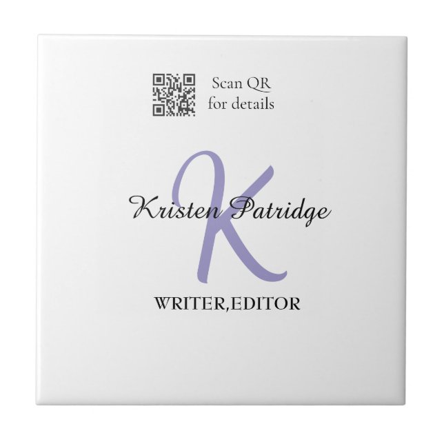 Monogram name purple writer editper QR code busine Tile (Front)