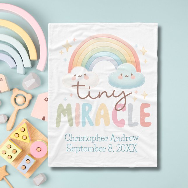 Monogram Name Rainbow Birth Stats Boy Baby Fleece Blanket (Rainbow, Tiny Miracle Baby Boy Blanket. Monogram it with his name and birthday)