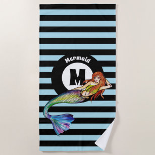 Monogram Name Rainbow Mermaid with Ginger Hair Beach Towel