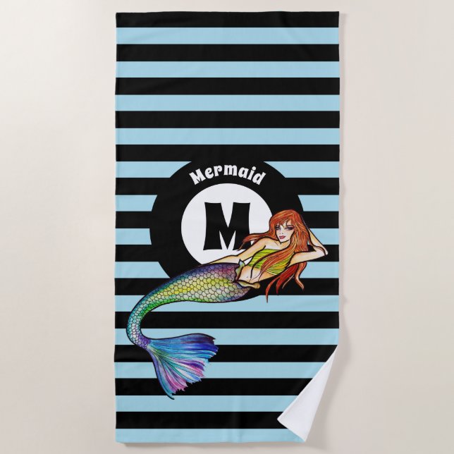 Monogram Name Rainbow Mermaid with Ginger Hair Beach Towel (Front)