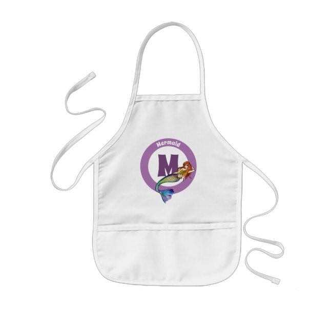 Monogram Name Rainbow Mermaid with Ginger Hair Kids Apron (Front)