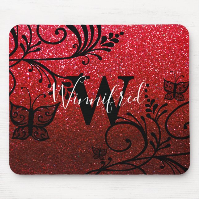 Monogram Name Red Black Ombre Glitter Butterflies Mouse Mat (Front)