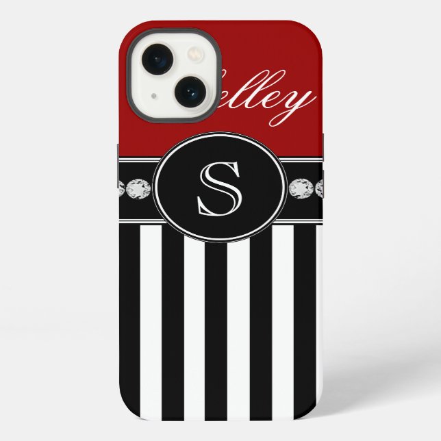 Monogram Name Red Black Stripes Pattern iPhone Case (Back)