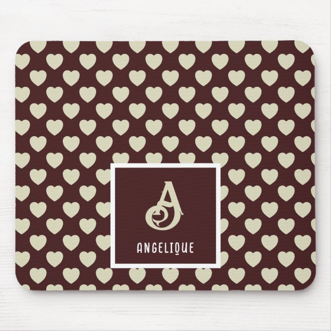 Monogram Name Red & Light Green Hearts Pattern Mouse Mat (Front)