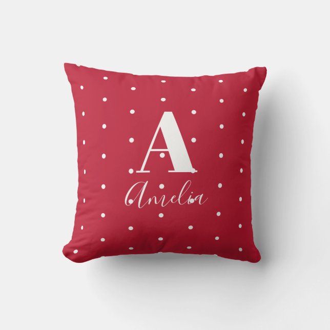 Monogram Name Red Polka Dots Pattern Cushion (Front)