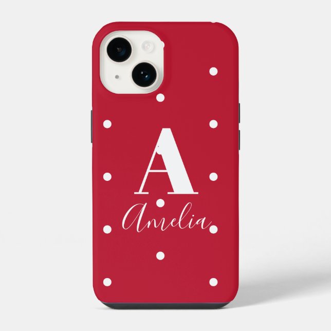 Monogram Name Red Polka Dots Pattern iPhone Case (Back)