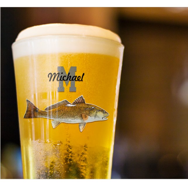 Monogram Name Redfish Fishing Men Sports Outdoor Glass (For those who love to reel in a Redfish! The perfect monogram glassware, beer glass, drinking glass)