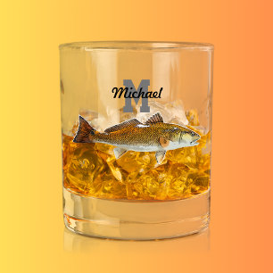 Monogram Name Redfish Fishing Men Sports Outdoor Whiskey Glass