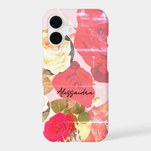 Monogram Name Retro Floral Red Pastel Pink Cream