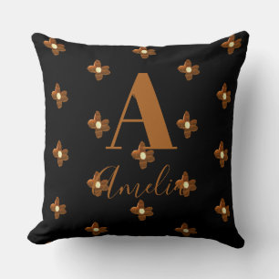 Monogram Name Retro Flower Black Brown Cushion