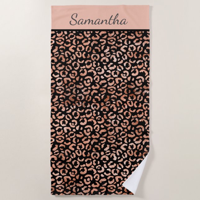Monogram Name Rose Gold Black Leopard Print Beach Towel (Front)