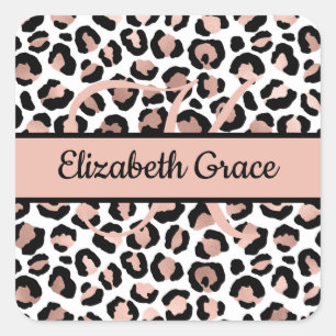 Monogram Name Rose Gold Black Leopard Print Square Sticker
