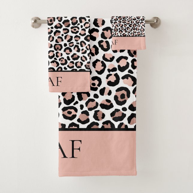 Monogram Name Rose Gold Black Leopard Print Trendy Bath Towel Set (Insitu)