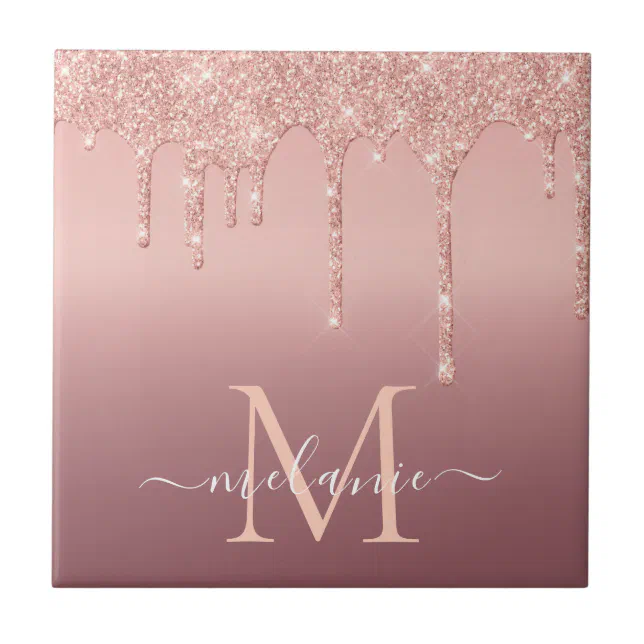 Monogram Name Rose Gold Blush Glitter Ceramic Tile Zazzle