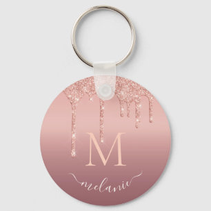 Monogram Name Rose Gold Blush Glitter Keychain