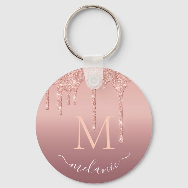 Monogram Name Rose Gold Blush Glitter Keychain (Front)