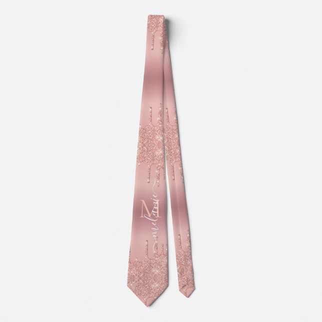 Monogram Name Rose Gold Blush Glitter Neck Tie (Front)