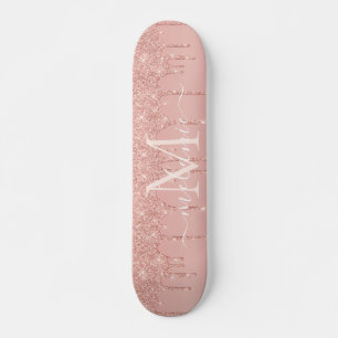 Monogram Name Rose Gold Blush Glitter Skateboard
