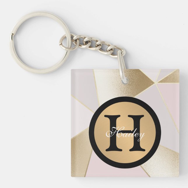 Monogram Name Rose Gold Geometric Key Ring (Front)