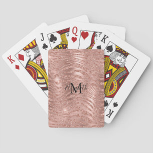 Monogram Name Rose Gold Glitter Animal Print  Playing Cards