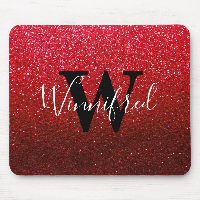 Monogram Name Ruby Red Ombre Glitter Sparkles Mouse Mat (Front)
