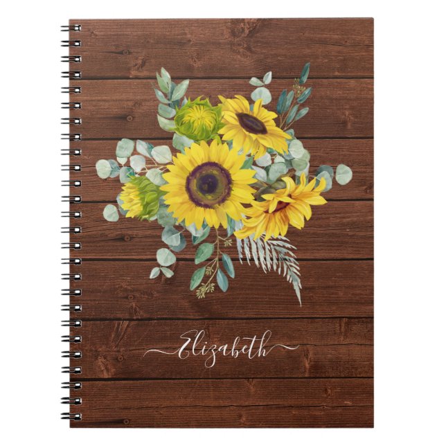 Monogram Name Rustic Wood Sunflower Photo Notebook (Front)