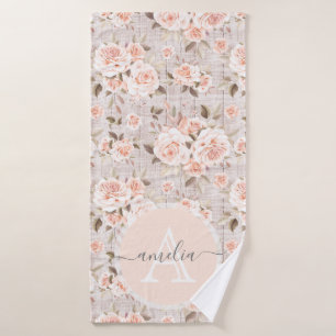 Monogram Name Rustic Wood & Vintage Roses Romantic Bath Towel