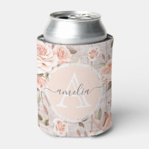 Monogram Name Rustic Wood & Vintage Roses Romantic Can Cooler