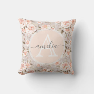 Monogram Name Rustic Wood & Vintage Roses Romantic Cushion