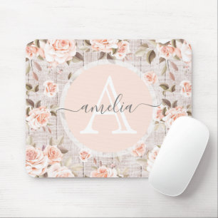 Monogram Name Rustic Wood & Vintage Roses Romantic Mouse Mat