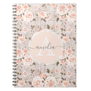 Monogram Name Rustic Wood & Vintage Roses Romantic Notebook