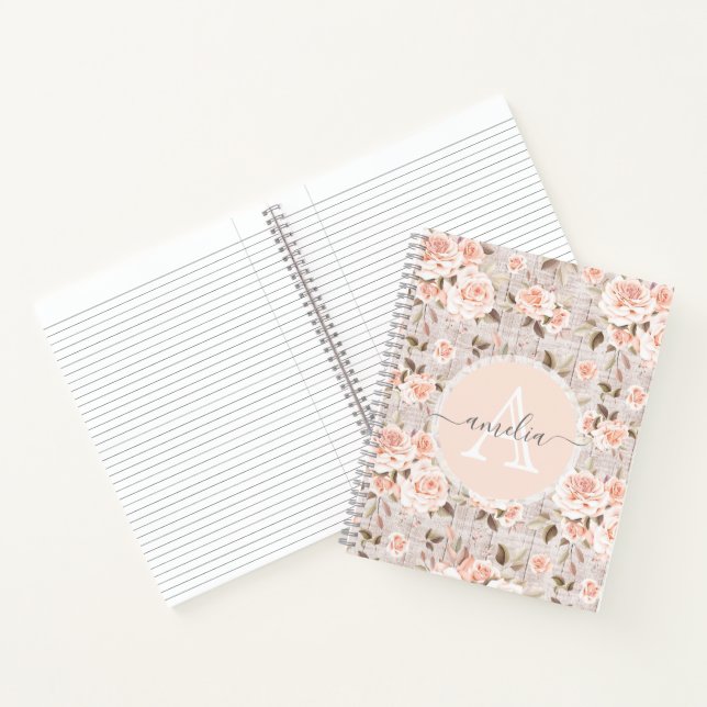 Monogram Name Rustic Wood & Vintage Roses Romantic Notebook (Inside)