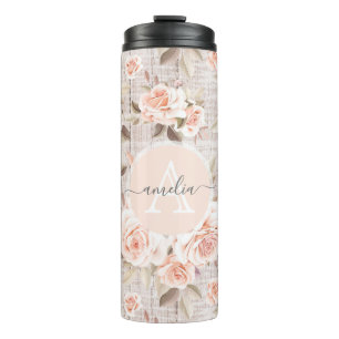 Monogram Name Rustic Wood & Vintage Roses Romantic Thermal Tumbler