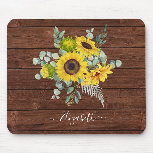 Monogram Name Rustic Wood Yellow Sunflower Mouse Mat (Front)