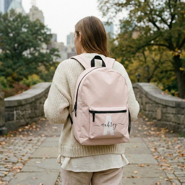 Monogram Name Script Blush Pink Printed Backpack (Creator Uploaded)