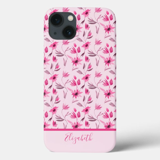 Monogram Name Script Pink Floral Elegant Trendy Case-Mate iPhone Case (Back)