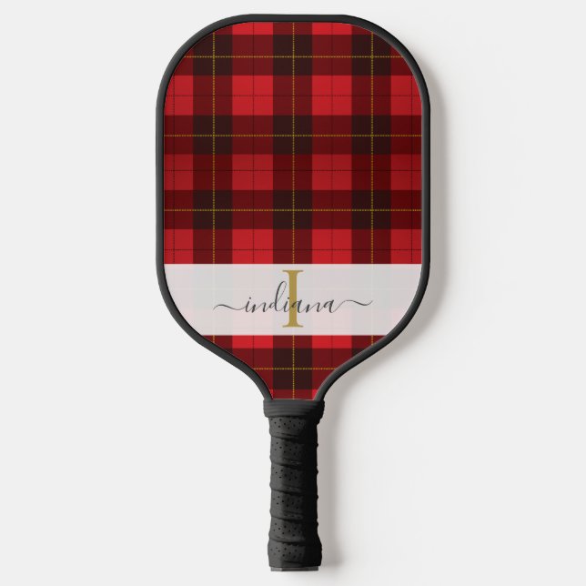 Monogram Name Script Plaid Green Tartan Pickleball Paddle (Front)