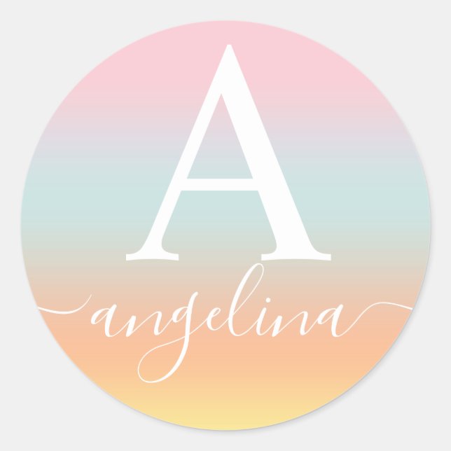 Monogram Name Script Text Gradient Ombre Pink  Classic Round Sticker (Front)
