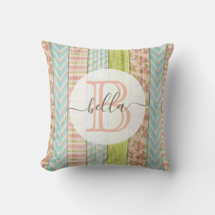 Monogram Name Shabby Roses on Rustic Wood Cottage Cushion