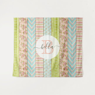 Monogram Name Shabby Roses on Rustic Wood Cottage Tapestry