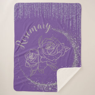 Monogram Name Silver Glitter & Roses on purple   Sherpa Blanket